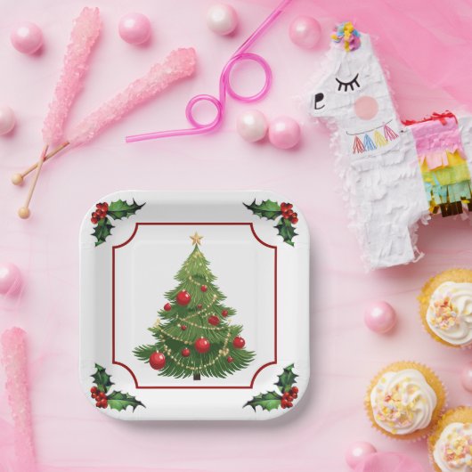 Assiettes En Carton Arbre de Noël avec Holly (Fête)