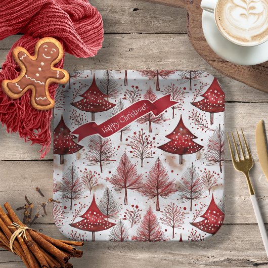 Assiettes En Carton Arbre de Noël blanc rouge Motif #4 ID1009