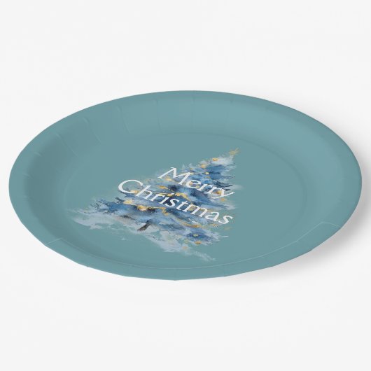 Assiettes En Carton Arbre de Noël bleu or (Angle)