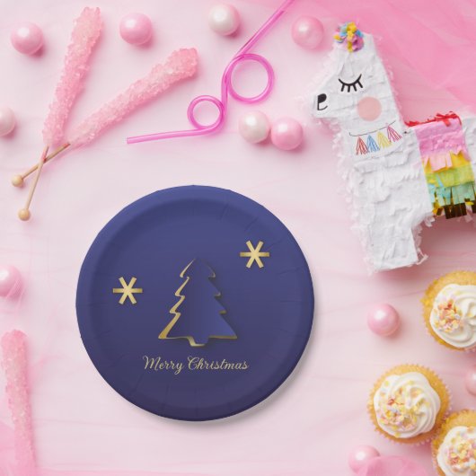 Assiettes En Carton Arbre de Noël bleu or élégant (Fête)