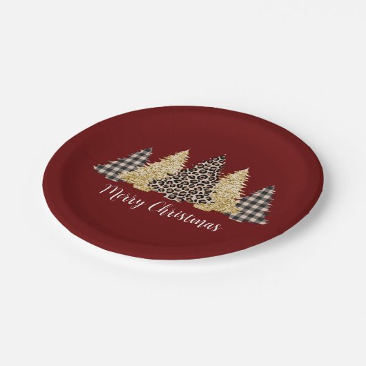 Assiettes En Carton Arbre de Noël Cheetah Imprimer Buffalo Plaid Parti (Angle)