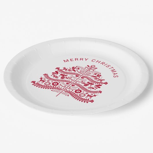 Assiettes En Carton Arbre de Noël d'art populaire scandinave rouge (Angle)