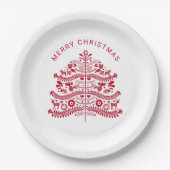 Assiettes En Carton Arbre de Noël d'art populaire scandinave rouge (Devant)