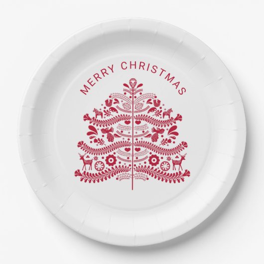 Assiettes En Carton Arbre de Noël d'art populaire scandinave rouge (Devant)