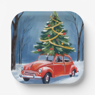 Assiettes En Carton Arbre de Noël de vacances de voiture rouge antique