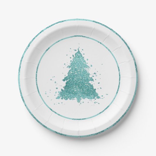 Assiettes En Carton Arbre de Noël élégant | Luxe Aqua Mint Splatter (Devant)