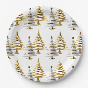 Assiettes En Carton Arbre de Noël élégant or et blanc neige hivernale