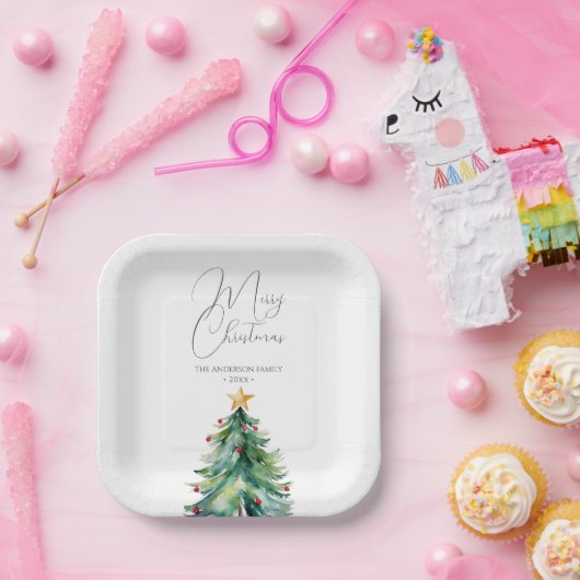 Assiettes En Carton Arbre de Noël en aquarelle simple Joyeux Noël (Fête)