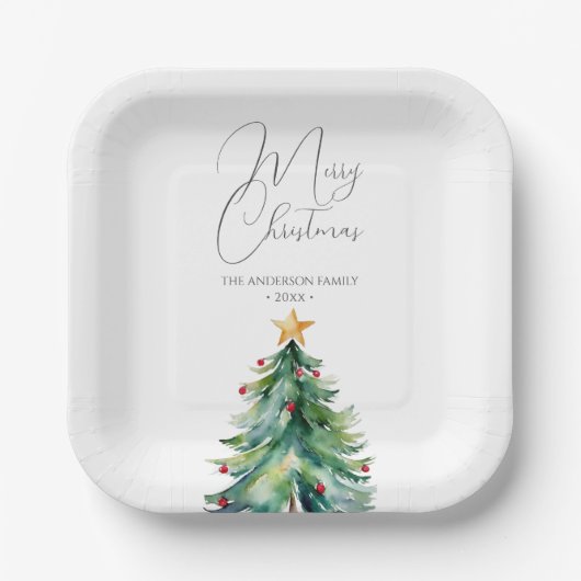 Assiettes En Carton Arbre de Noël en aquarelle simple Joyeux Noël (Recto)
