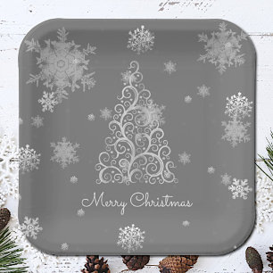 Assiettes En Carton Arbre de Noël en argent et plaque en papier de flo