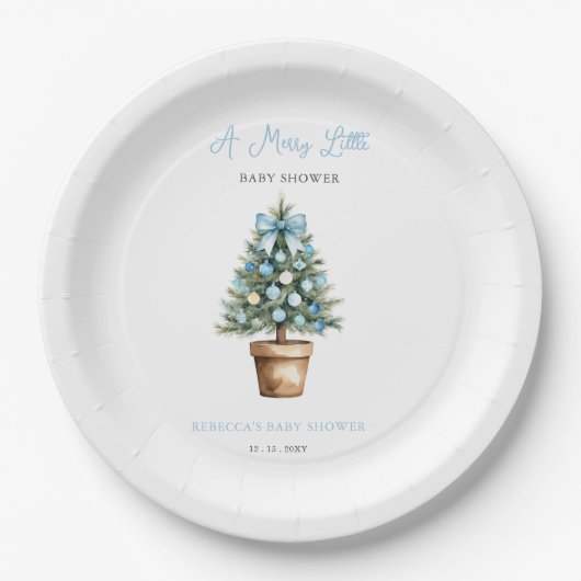 Assiettes En Carton Arbre de Noël en Bow bleu Joyeux petit Baby shower (Devant)