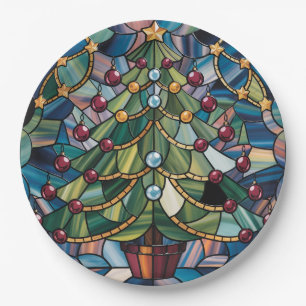 Assiettes En Carton Arbre de Noël en verre coloré de style Tiffany