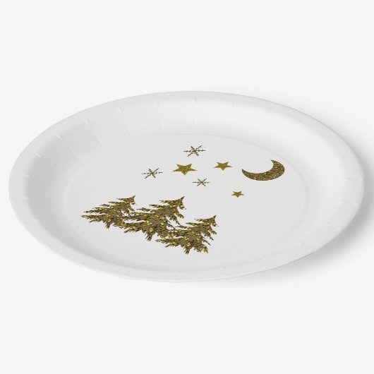 Assiettes En Carton Arbre de Noël étincelant, lune, étoiles (Angle)