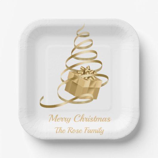 Assiettes En Carton Arbre de Noël Gold Ribbon présent (Recto)