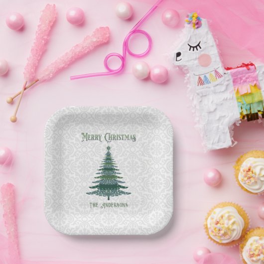 Assiettes En Carton Arbre de Noël moderne Blanc vert personnalisé (Fête)