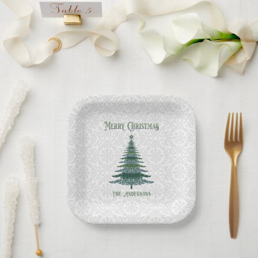 Assiettes En Carton Arbre de Noël moderne Blanc vert personnalisé (Mariage)