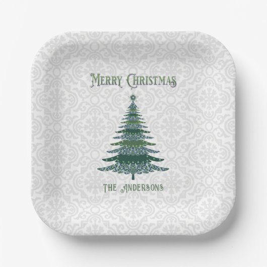 Assiettes En Carton Arbre de Noël moderne Blanc vert personnalisé (Recto)