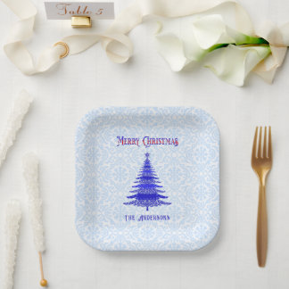 Assiettes En Carton Arbre de Noël moderne Flèches de neige bleues pers