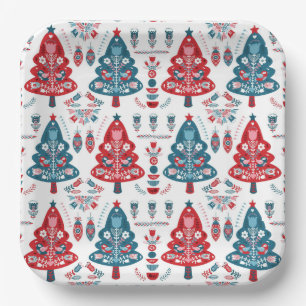 Assiettes En Carton Arbre de Noël rouge et bleu scandinave Art populai