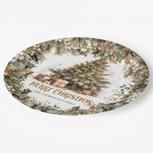 Assiettes En Carton Arbre de Noël simple couronne verte botanique (Angle)