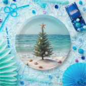 Assiettes En Carton Arbre de Noël tropical sur une plage (Fête)