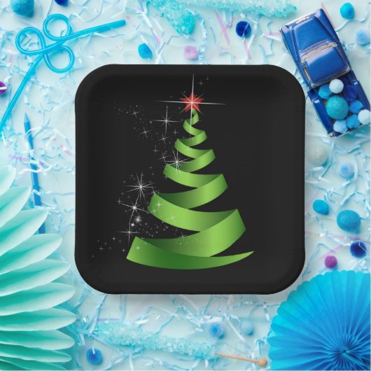 Assiettes En Carton Arbre de Noël vert étincelant (Fête)