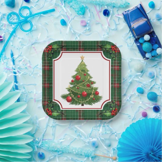 Assiettes En Carton Arbre de Noël vert plaqué avec Holly (Fête)