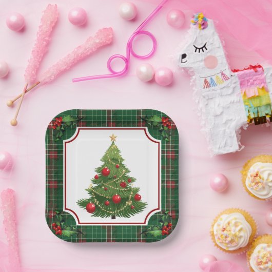 Assiettes En Carton Arbre de Noël vert plaqué avec Holly (Fête)