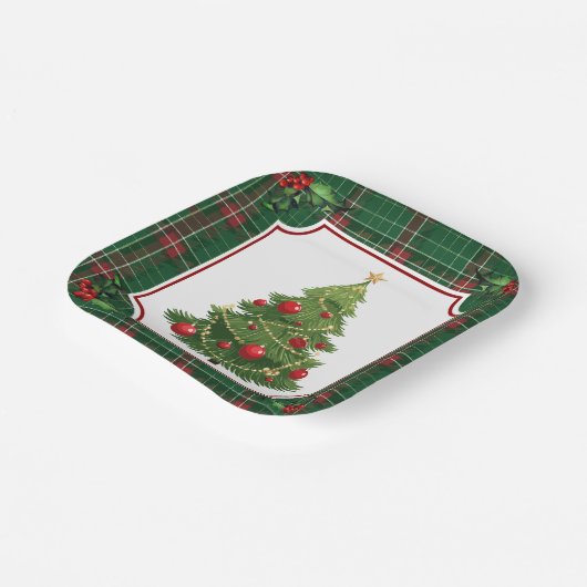 Assiettes En Carton Arbre de Noël vert plaqué avec Holly (Angulaire)