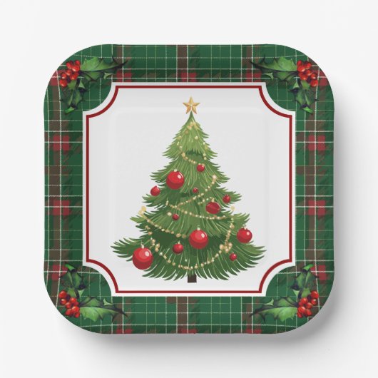 Assiettes En Carton Arbre de Noël vert plaqué avec Holly (Recto)