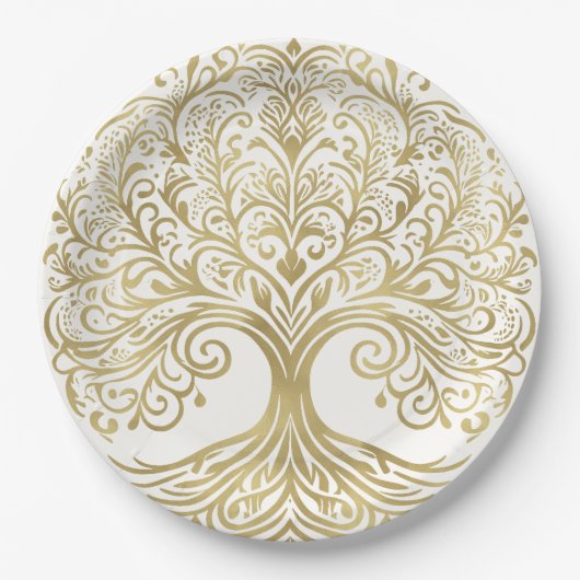 Assiettes En Carton Arbre de vie Cream & Gold Celtic Mariage (Devant)