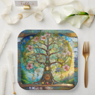 Assiettes En Carton Arbre de Vie Fleurissant des 7 Chakras