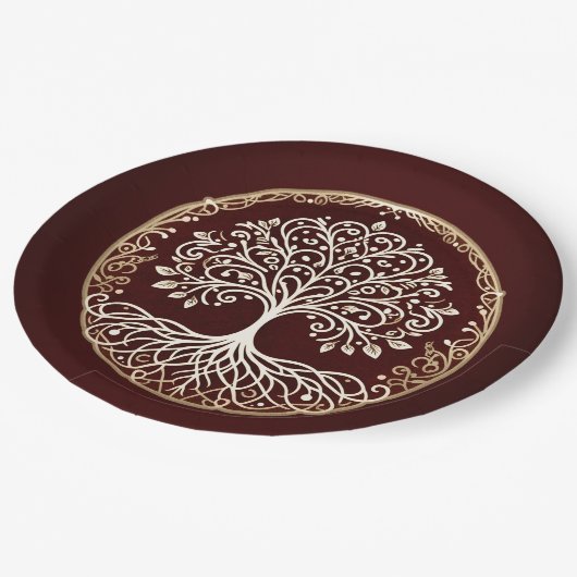 Assiettes En Carton Arbre de vie Rustique rouge foncé Mariage celtique (Angle)