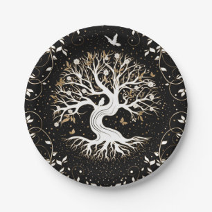 Assiettes En Carton Arbre de vie - Yggdrasil - noir blanc et or