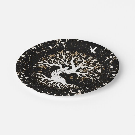 Assiettes En Carton Arbre de vie - Yggdrasil - noir blanc et or (Angle)