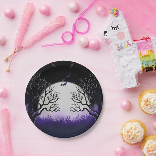 Assiettes En Carton Arbre éffrayant Purple & Black Pleine lune chauve (Fête)