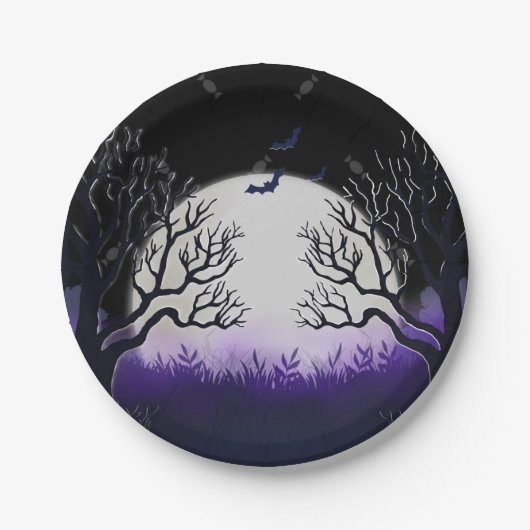 Assiettes En Carton Arbre éffrayant Purple & Black Pleine lune chauve (Devant)