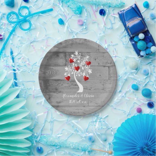 Assiettes En Carton Arbre rouge des coeurs Plaque en papier Mariage (Fête)