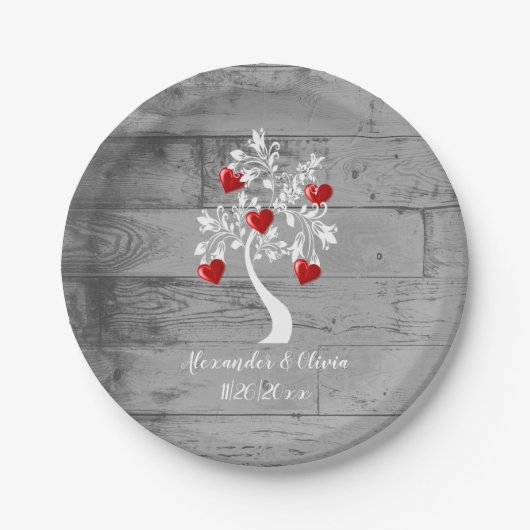 Assiettes En Carton Arbre rouge des coeurs Plaque en papier Mariage (Devant)