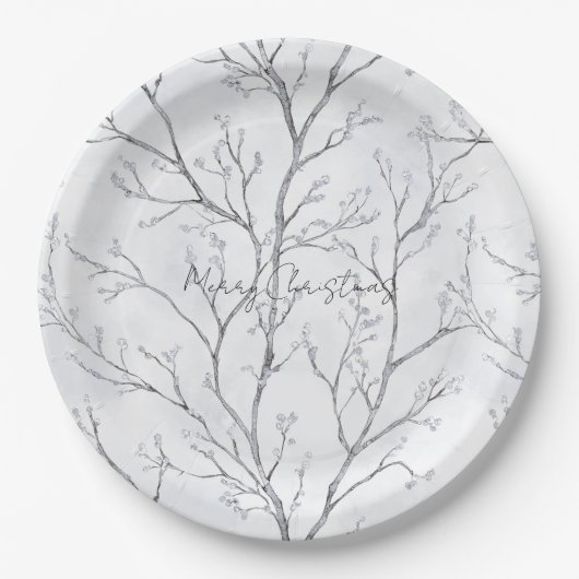 Assiettes En Carton Arbres blancs de Noël argentés (Devant)