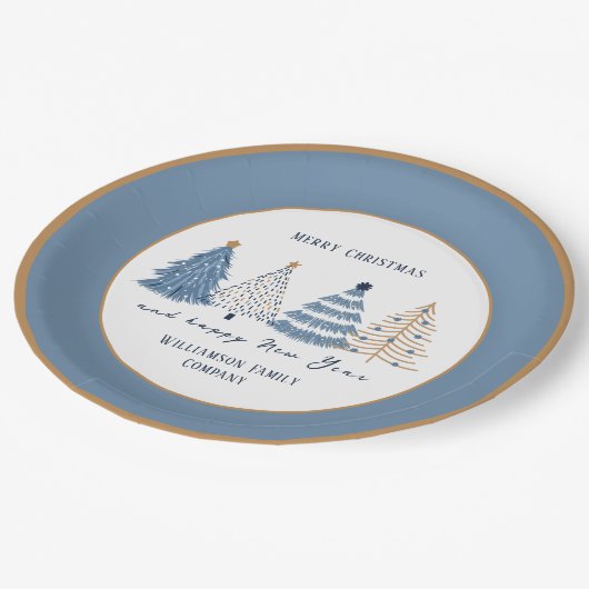 Assiettes En Carton Arbres Bleus Moderne Texte Nom Noël (Angle)