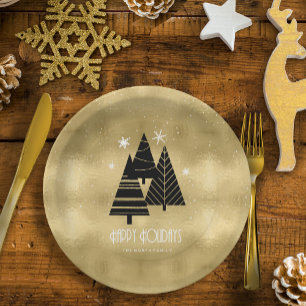 Assiettes En Carton Arbres de Noël et flocons de neige Gold ID863