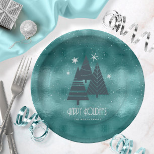 Assiettes En Carton Arbres de Noël et flocons de neige Turquoise ID863