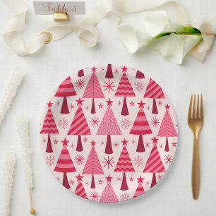 Assiettes En Carton Arbres de Noël minimalistes rose et rouge Motif