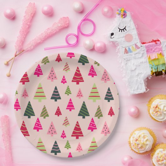 Assiettes En Carton Arbres de Noël roses et verts (Fête)