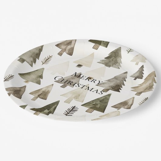 Assiettes En Carton Arbres de Noël vert olive (Angle)