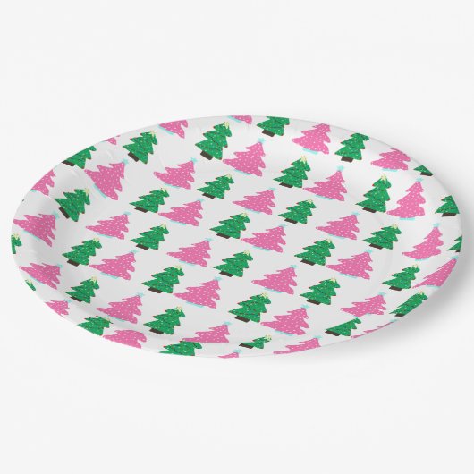 Assiettes En Carton Arbres de Noël verts et roses (Angle)