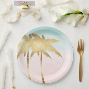 Assiettes En Carton Arbres Palmiers Tropicaux Rose Menthe Or Shower de