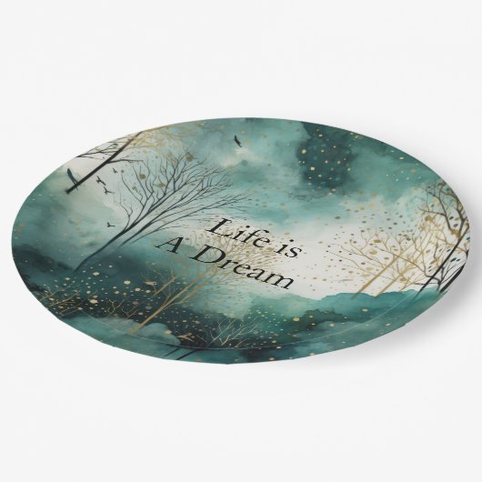 Assiettes En Carton Arbres verts en or (Angle)