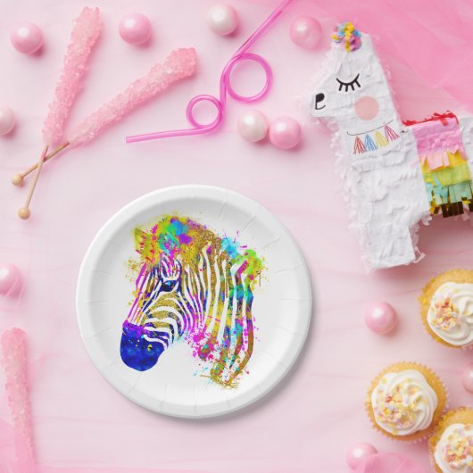 Assiettes En Carton Arc en arc-en-ciel Peinture Zebra Graphique (Fête)